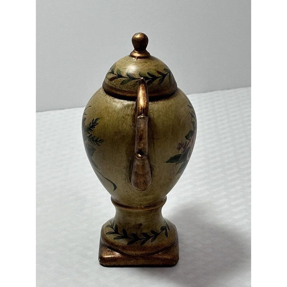 Floral Art Handpainted Ceramic Gold Urn Handle Pedestal Vase‎ W/ Lid